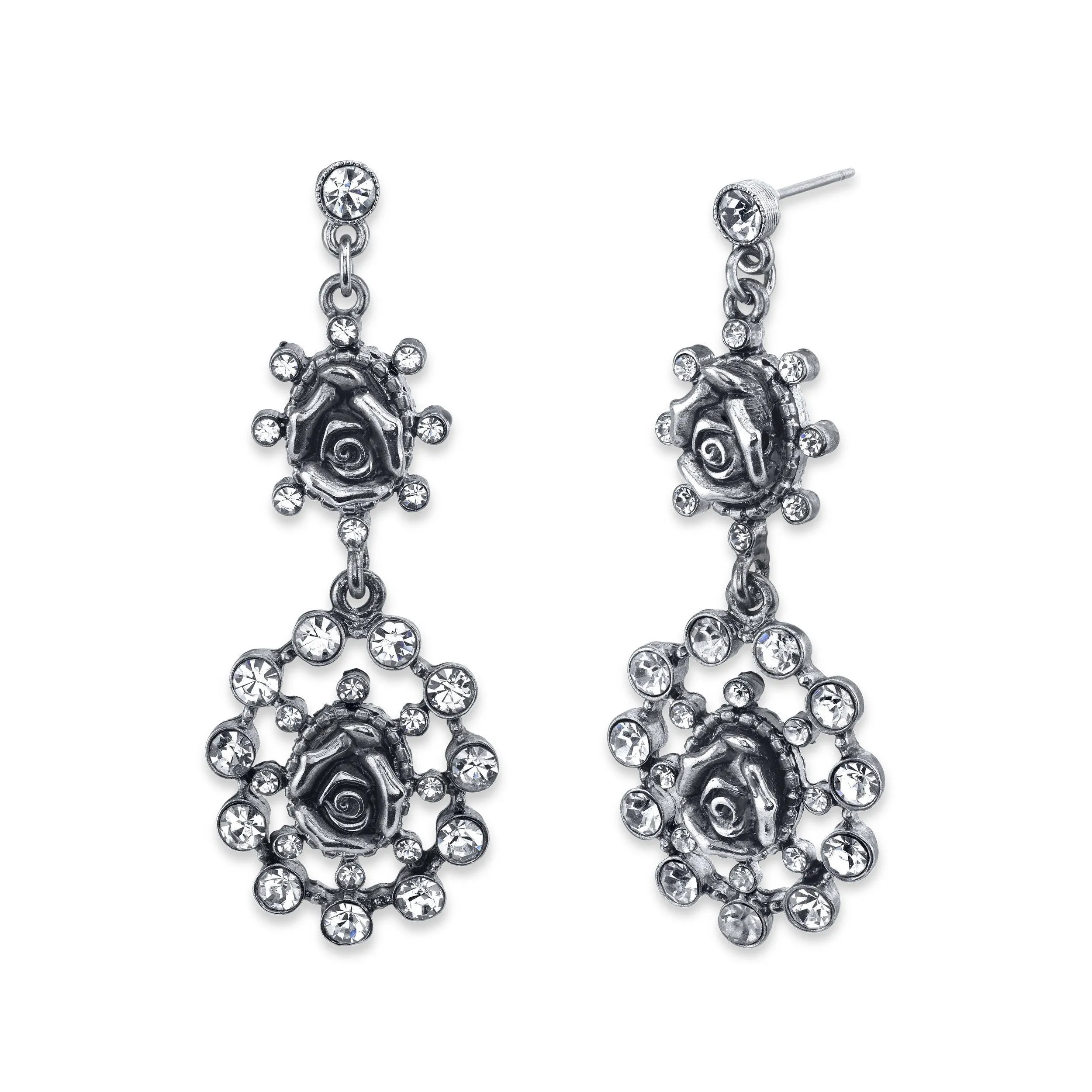 1928 Jewelry Crystal Flower Double Drop Earrings