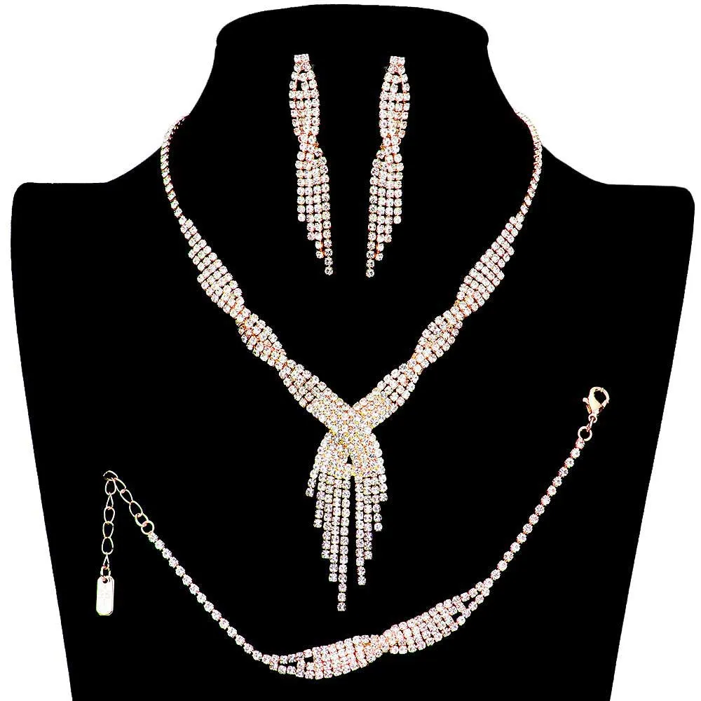 3PCS Rhinestone Crystal Fringe Necklace Jewelry Set