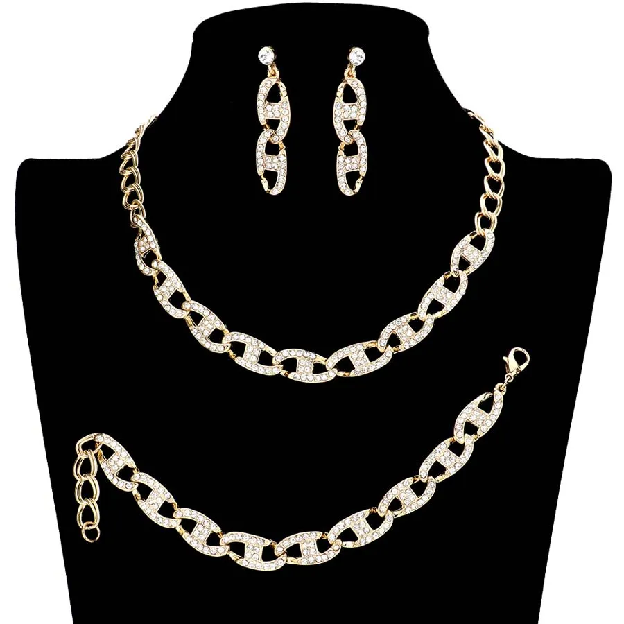 3Pcs Rhinestone Embellished Metal Link Jewelry Set