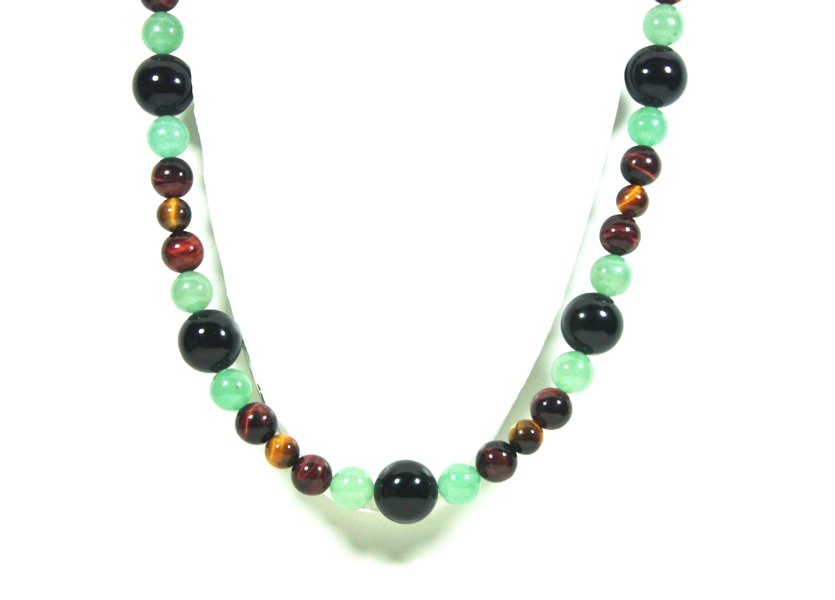 African Beaded Necklace - Tiger Eye - Onyx - Green Jade Aventurine - Rasta Necklace