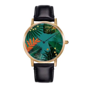 ARIES GOLD CUSTOMISED GOLD STAINLESS STEEL WATCH - GREEN FLORAL LEATHER STRAP WOMAN'S WATCH