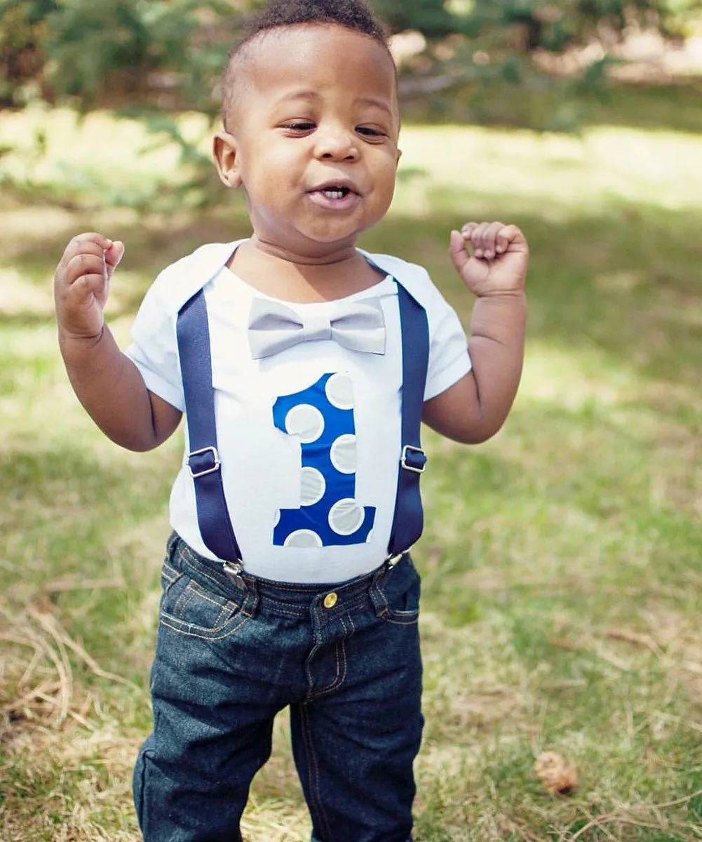 Baby Boy Blue and Grey First Birthday Outfit Shirt Polka Dots Bow Tie