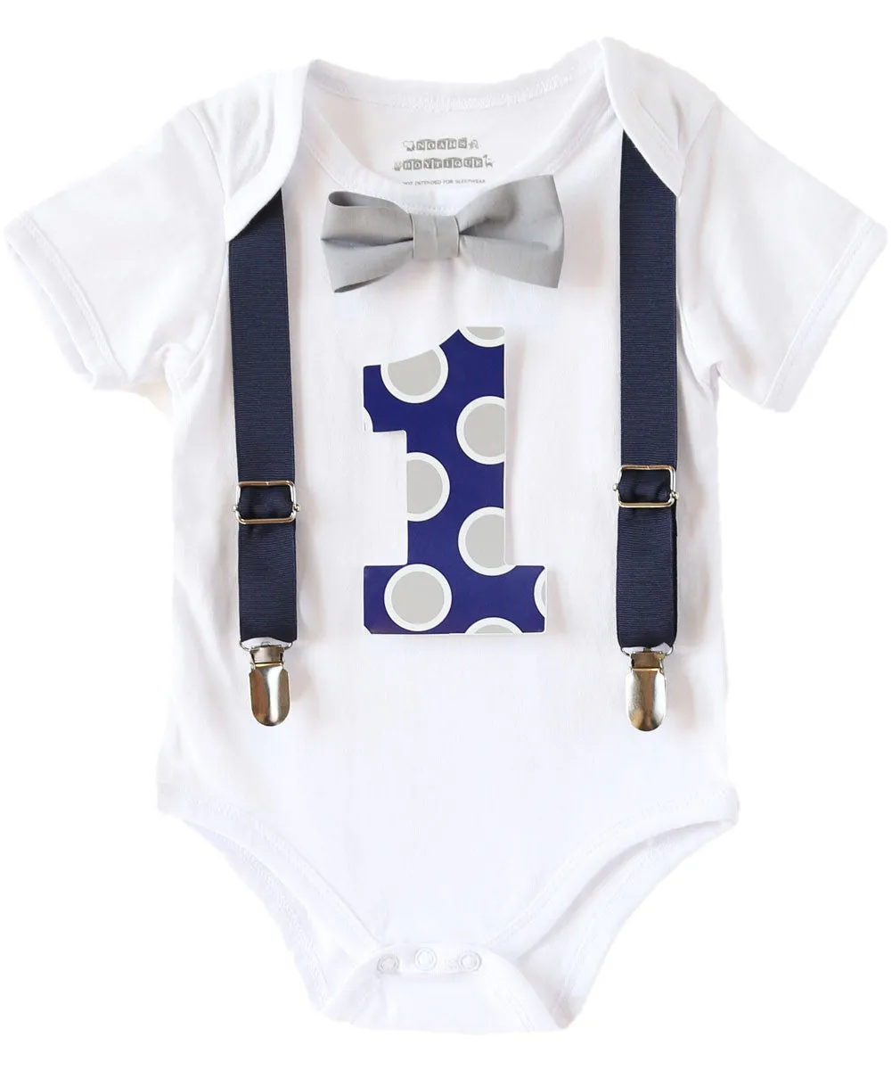 Baby Boy Blue and Grey First Birthday Outfit Shirt Polka Dots Bow Tie