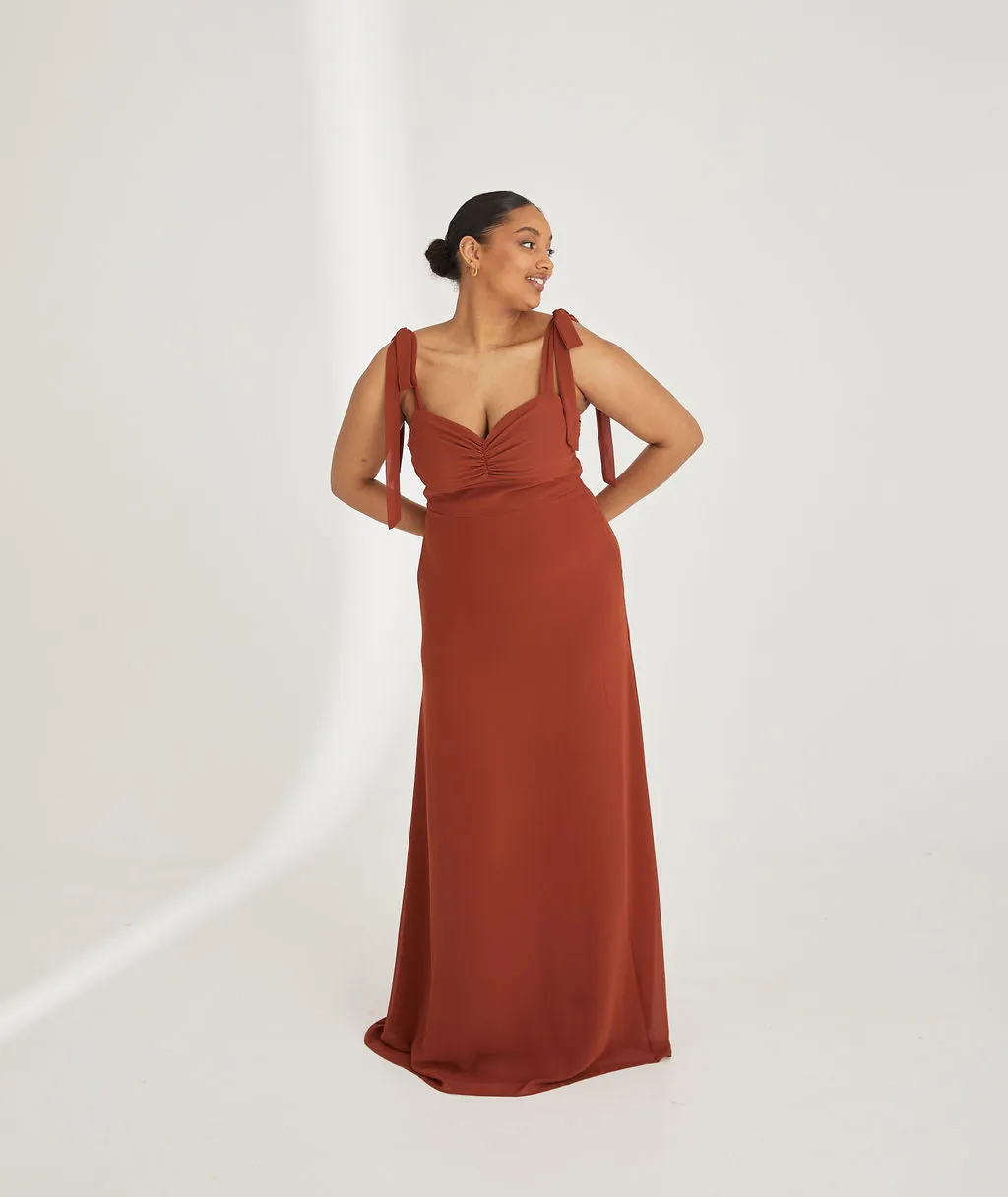 Bow Tie Shoulder Chiffon Bridesmaid Dress - Rust