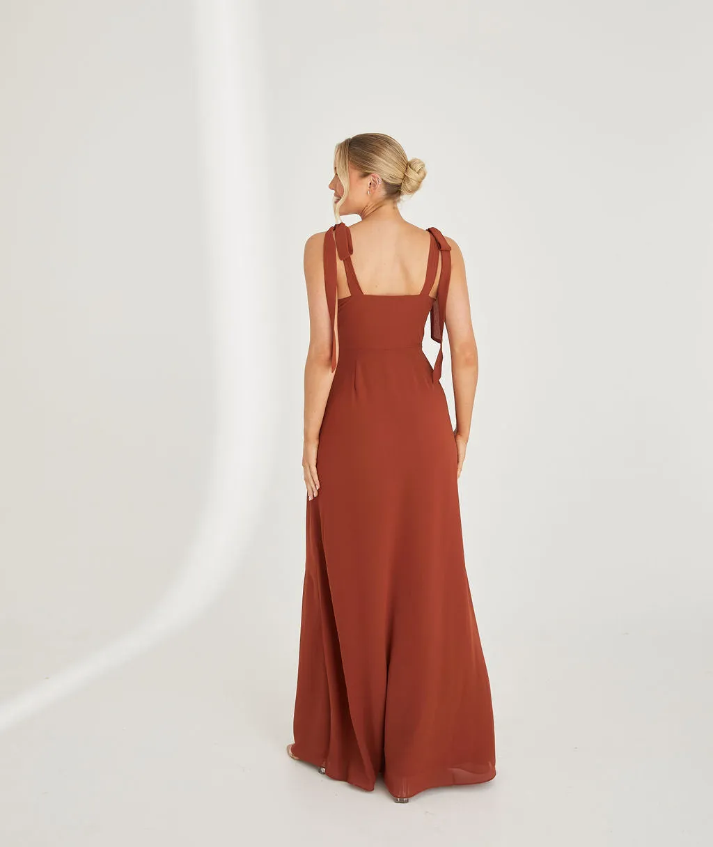 Bow Tie Shoulder Chiffon Bridesmaid Dress - Rust