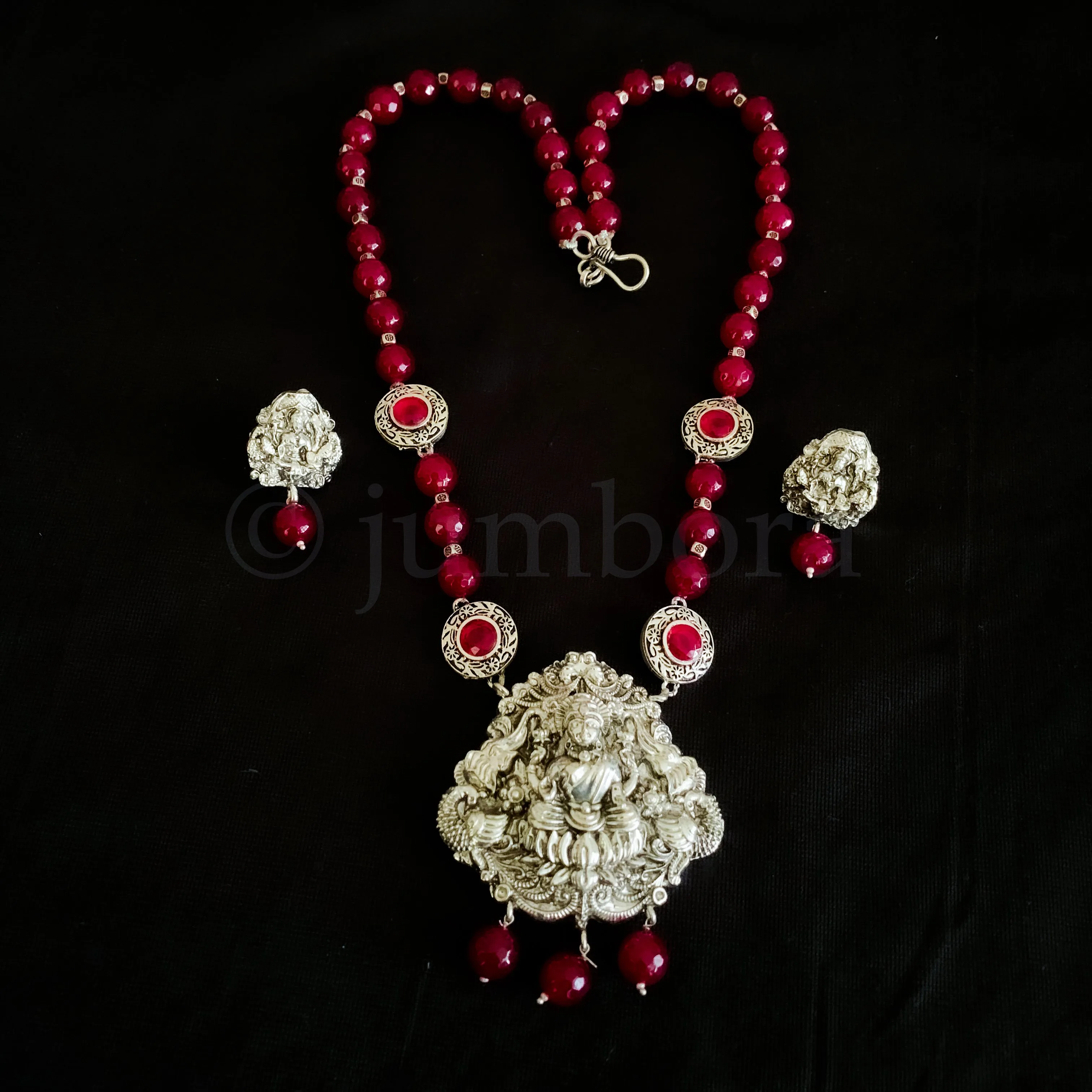 Handmade Lakshmi Oxidized Silver Bead Mala Necklace Set in Agate Maroon Red Beads