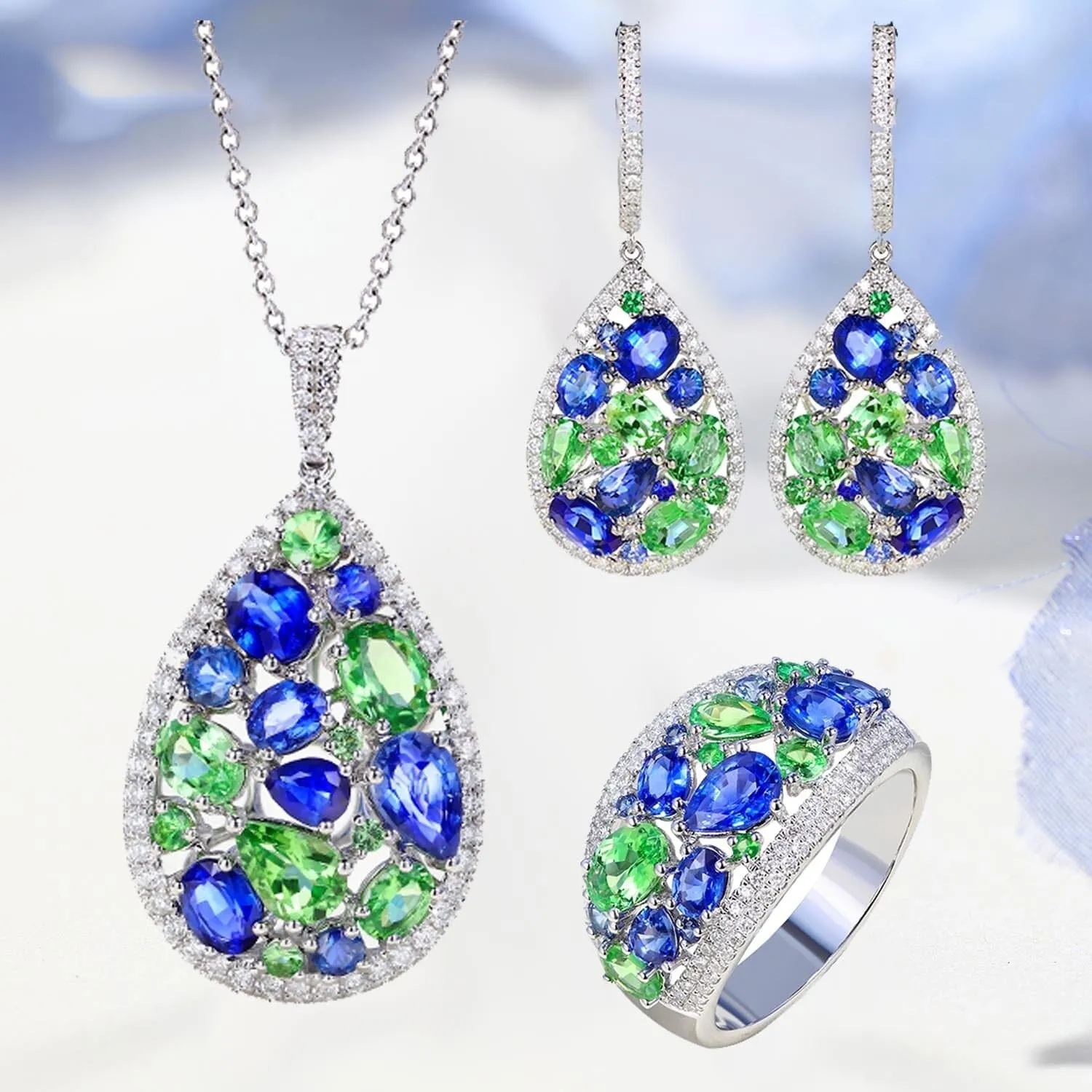 Peridot & Sapphire Gemstone Silver Jewelry Set