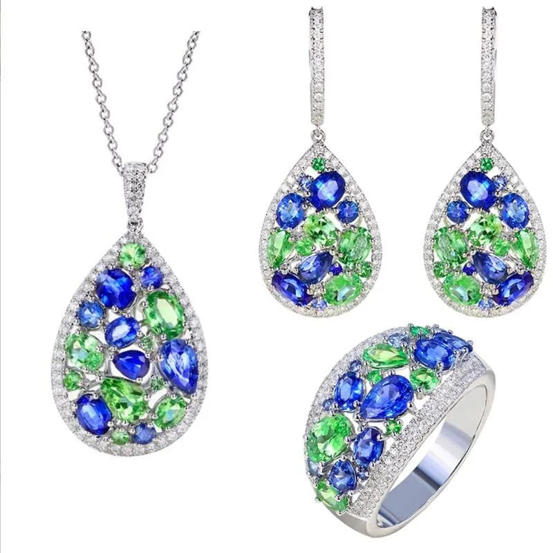 Peridot & Sapphire Gemstone Silver Jewelry Set