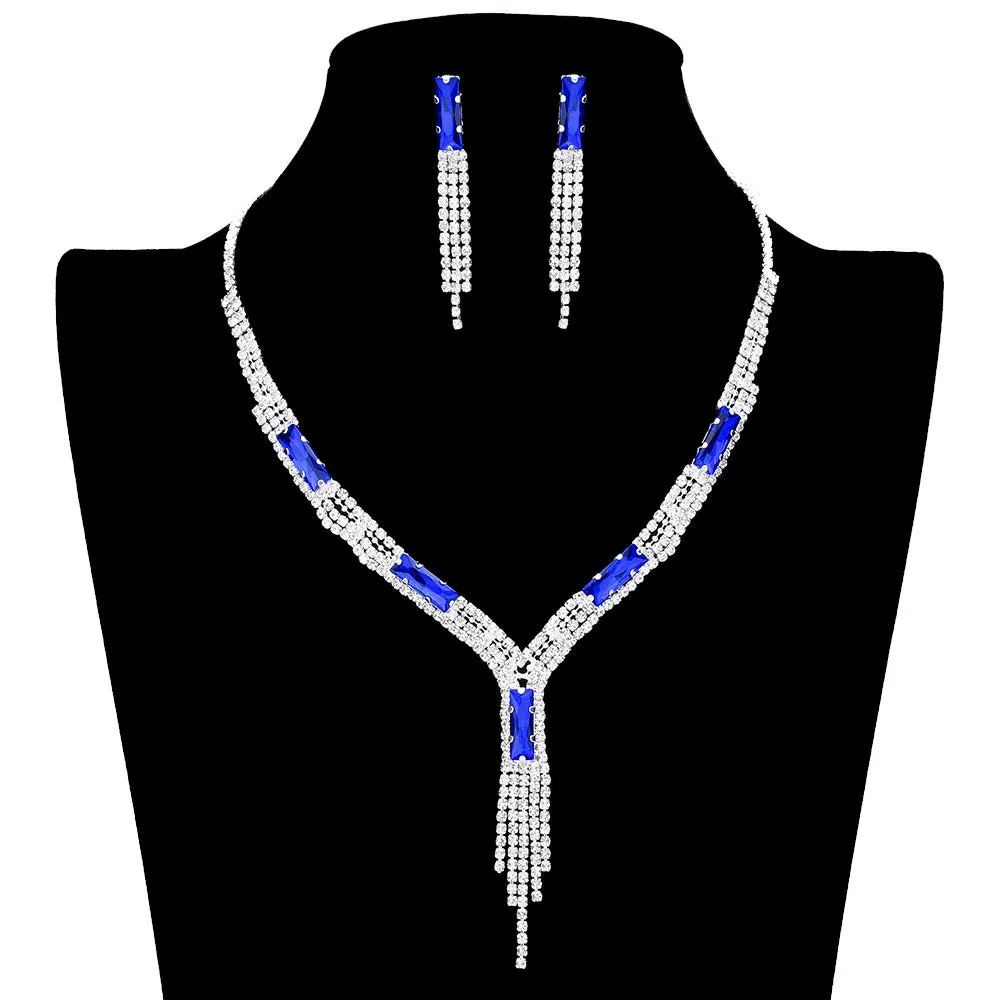 Rectangle Stone Accented Rhinestone Fringe Tip Jewelry Set