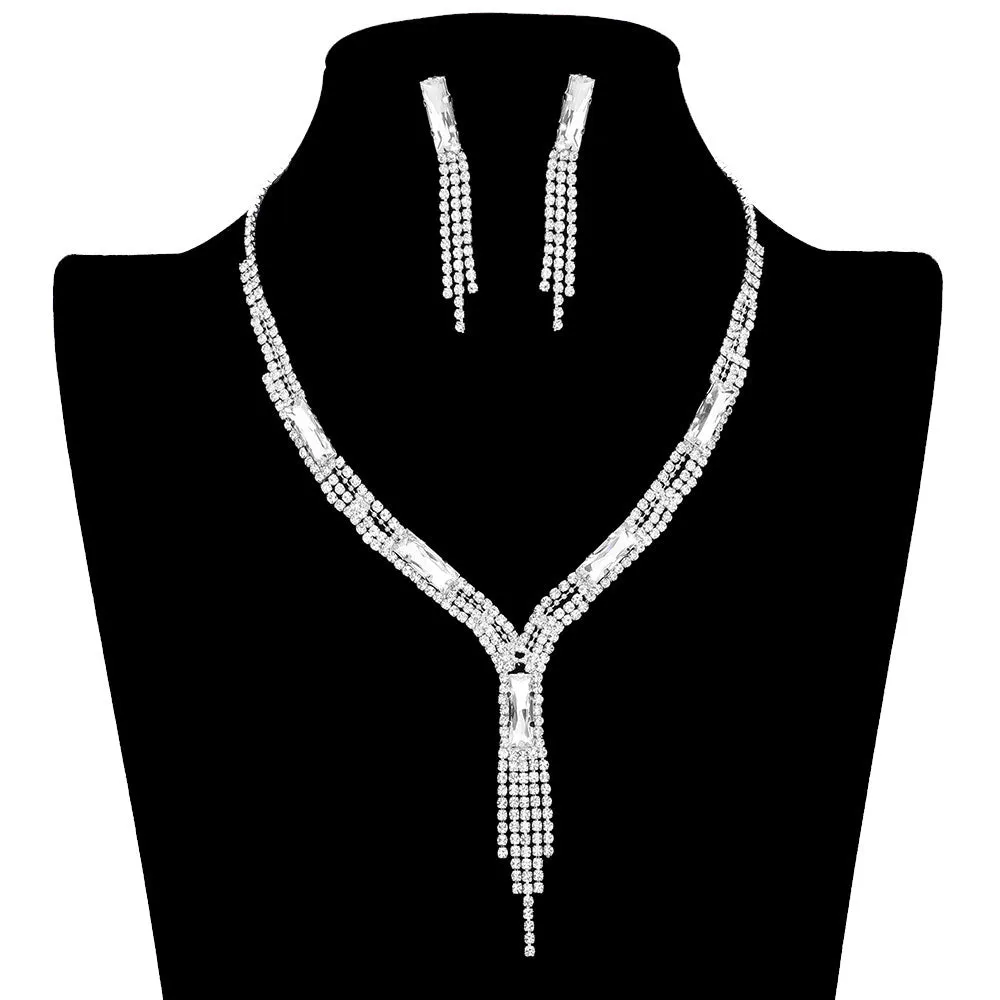 Rectangle Stone Accented Rhinestone Fringe Tip Jewelry Set