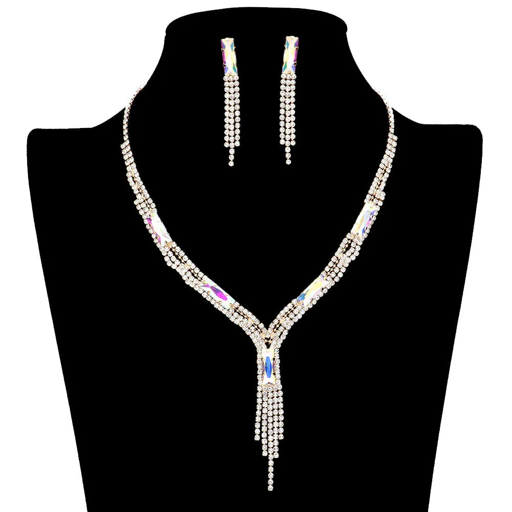 Rectangle Stone Accented Rhinestone Fringe Tip Jewelry Set