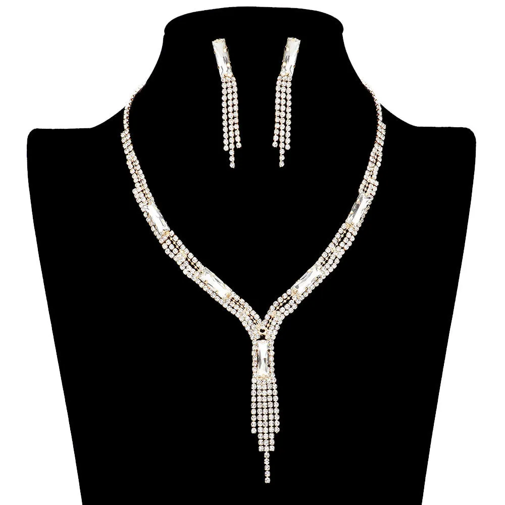 Rectangle Stone Accented Rhinestone Fringe Tip Jewelry Set