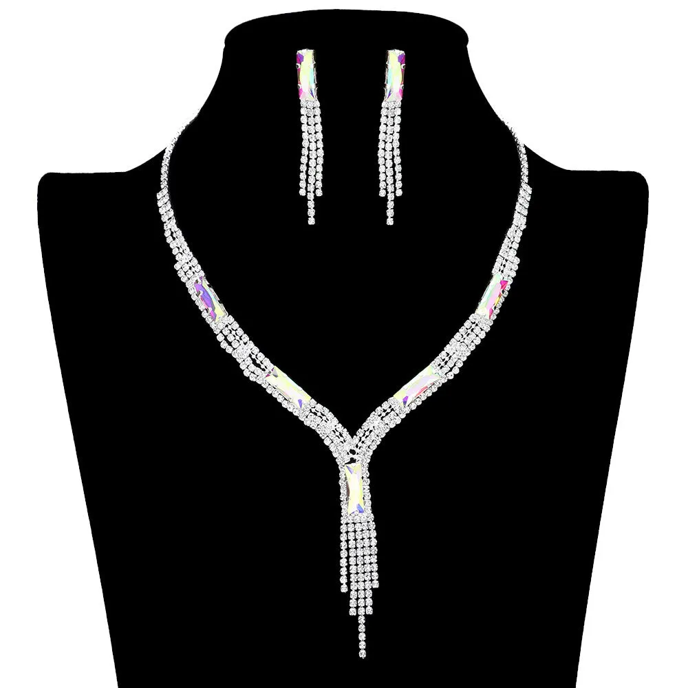 Rectangle Stone Accented Rhinestone Fringe Tip Jewelry Set