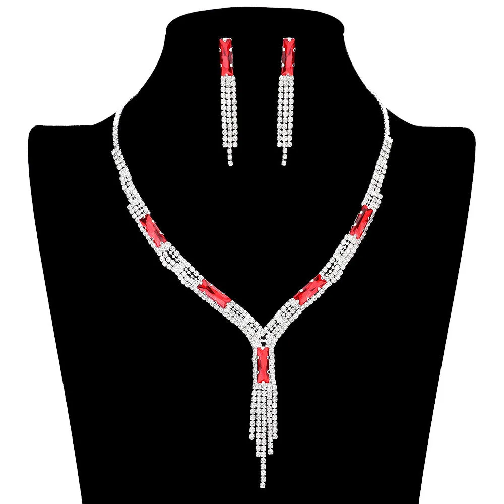 Rectangle Stone Accented Rhinestone Fringe Tip Jewelry Set