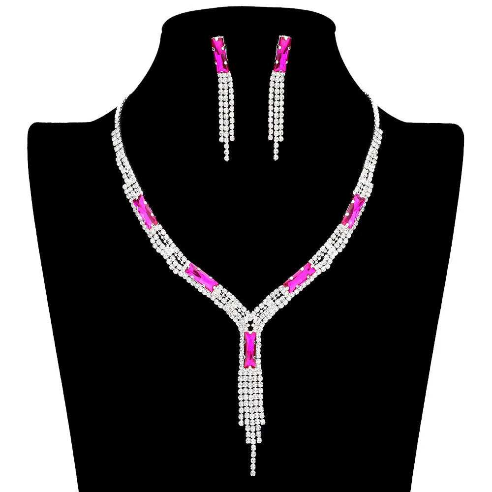 Rectangle Stone Accented Rhinestone Fringe Tip Jewelry Set