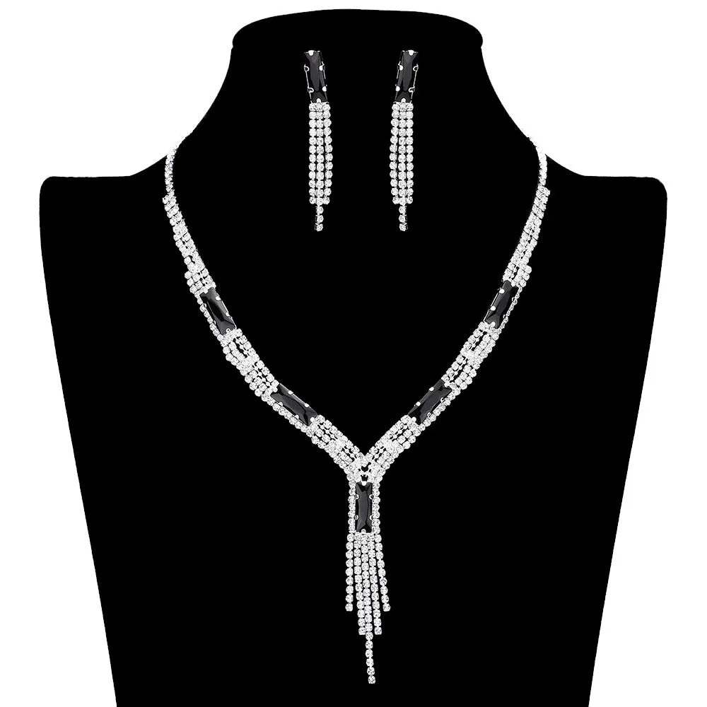 Rectangle Stone Accented Rhinestone Fringe Tip Jewelry Set