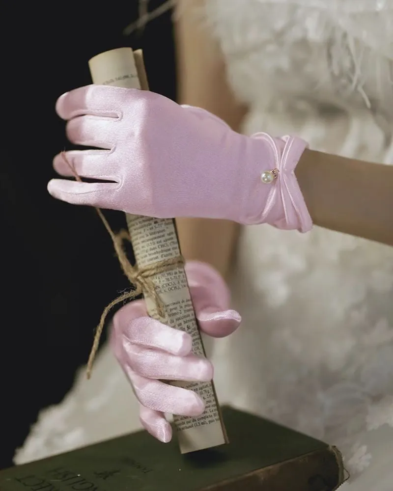 Tulle Short Satin Gloves With White Pearl