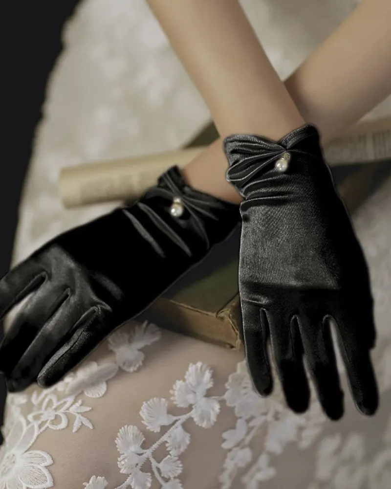 Tulle Short Satin Gloves With White Pearl