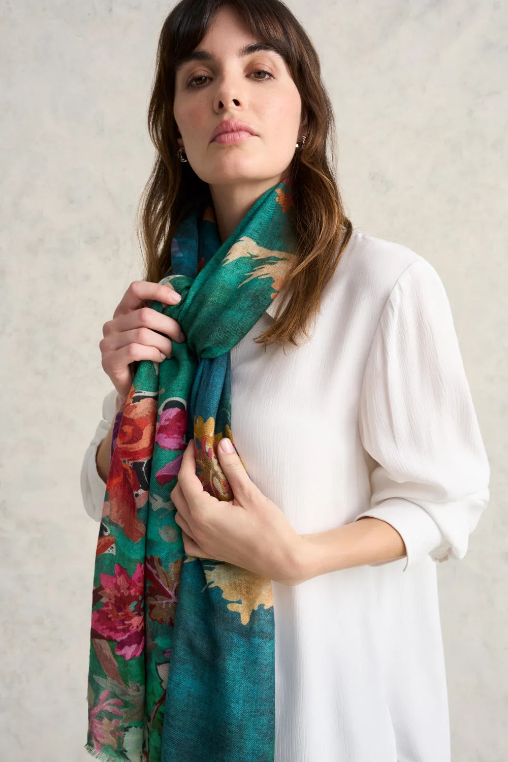 Turquoise Floral Wool Scarf